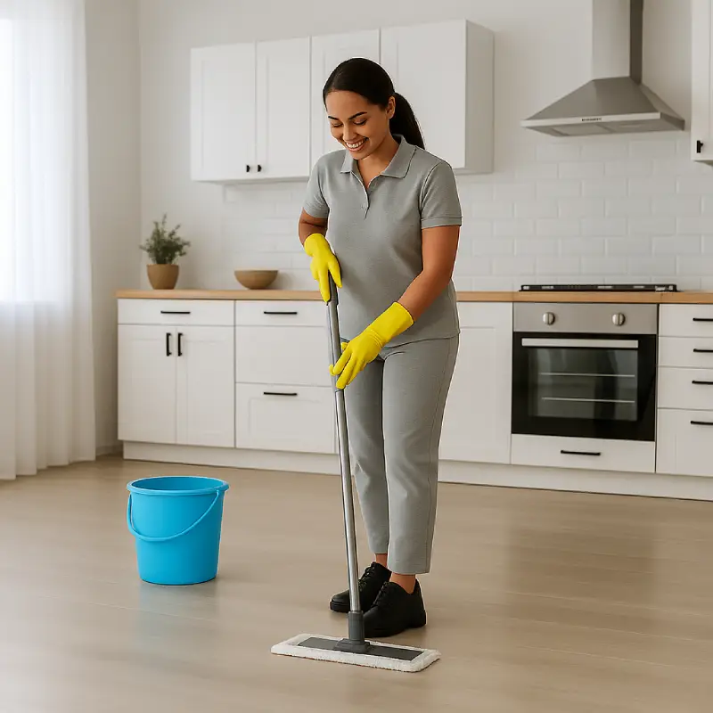 Agent d’entretien effectuant un ménage ponctuel dans un salon moderne lumineux, avec sols propres et surfaces brillantes