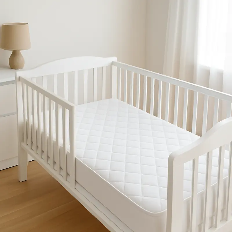 Matelas bébé blanc parfaitement propre après un nettoyage professionnel et une désinfection douce, posé dans une chambre lumineuse.
