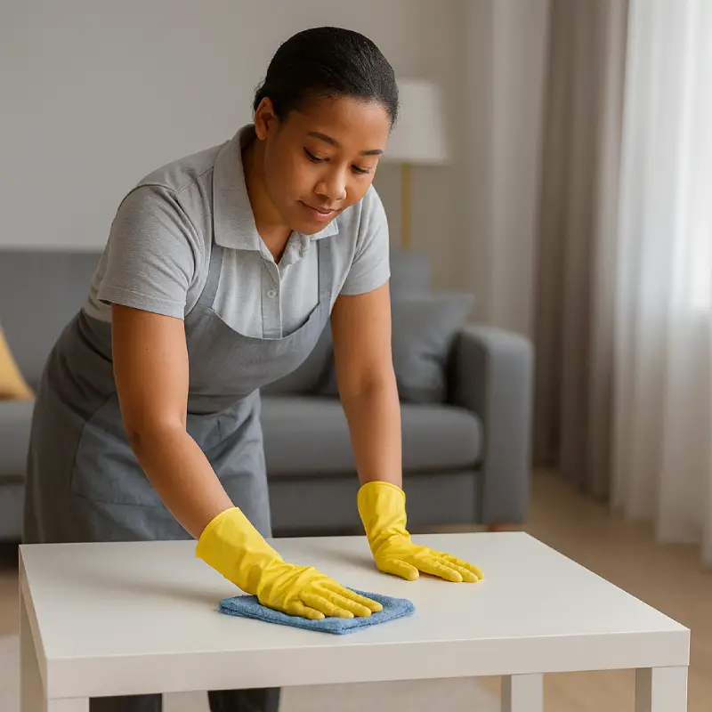 Femme de ménage en uniforme effectuant un nettoyage régulier dans un appartement moderne et lumineux, sols brillants et surfaces nettes.